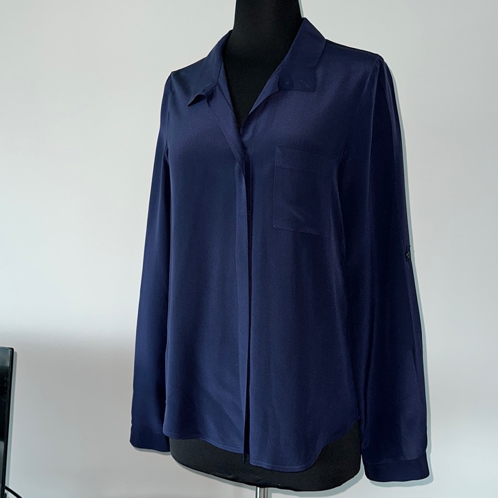 Diane Von Furstenberg Navy Blue Silk Button-Front Blouse